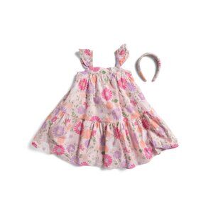 B TWEEN Marys Rose Little Girls Ruffle Sleeve Printed Dress With Headband